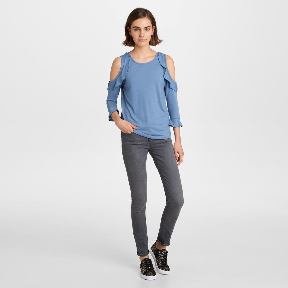 Karl Lagerfeld Blue Ruffle Cold Shoulder Top - Picture 2 of 6
